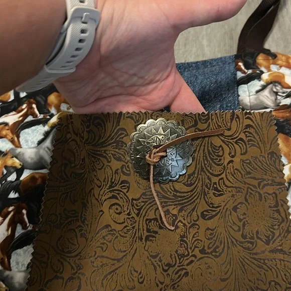 Western Brown and Blue Horse Print Tote Bag - Picture 2 of 9